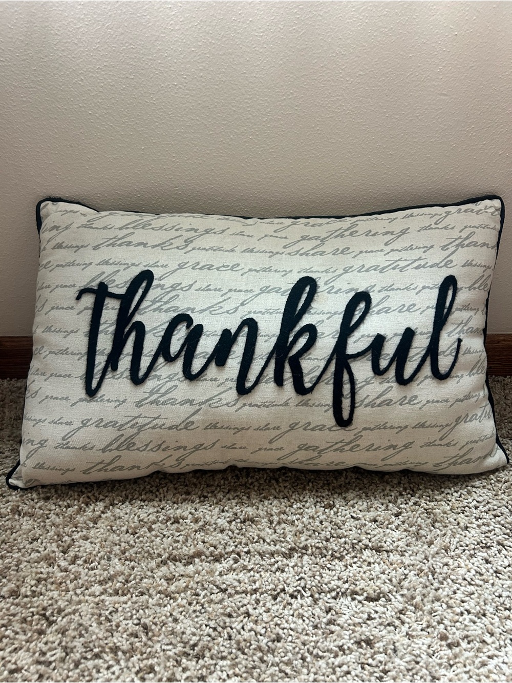 Pier 1 Cream Pillow with Black 'thankful' Script